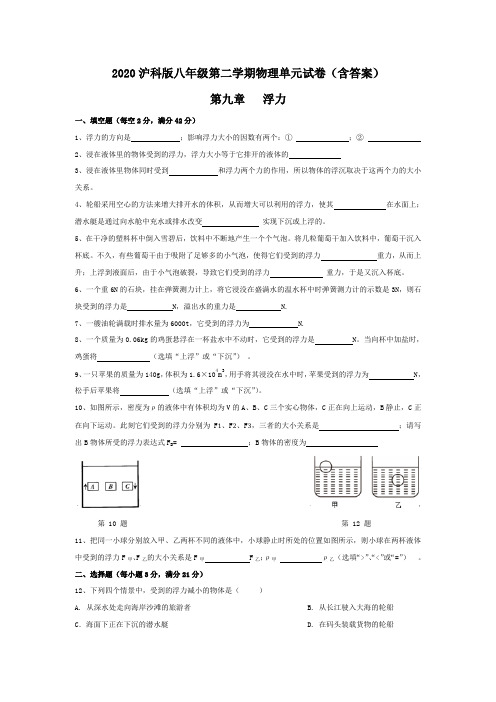 2020沪科版八年级第二学期物理单元试卷(含答案)  第九章  浮力