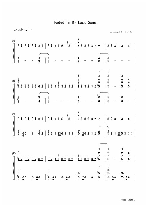 钢琴谱 Faded In My Last Song 双手简谱_共7张(全)