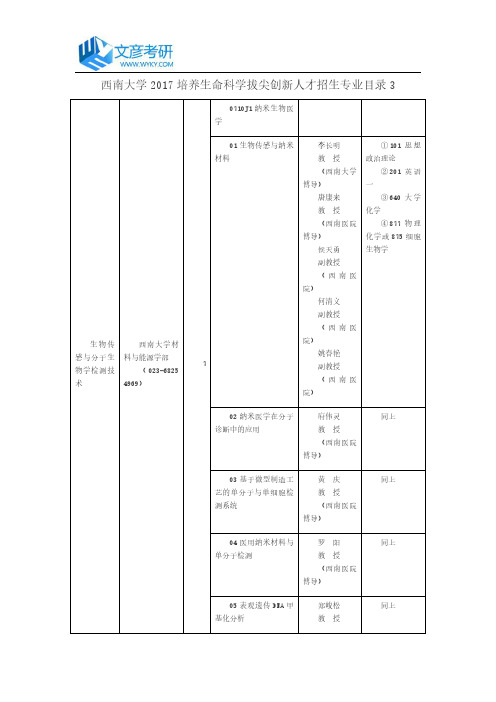 西南大学2017培养生命科学拔尖创新人才招生专业目录3