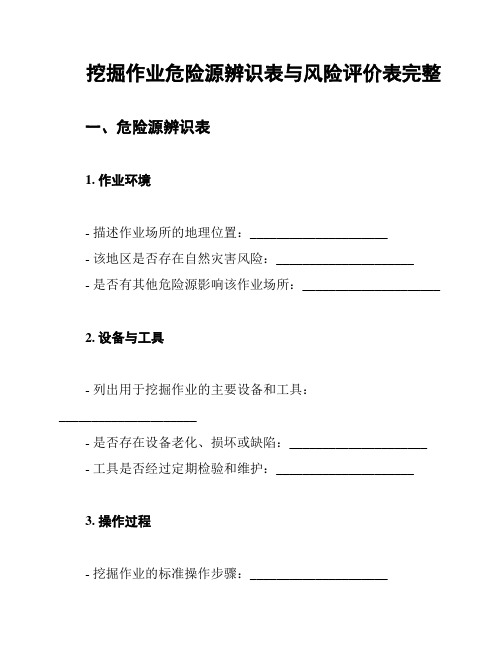 挖掘作业危险源辨识表与风险评价表完整