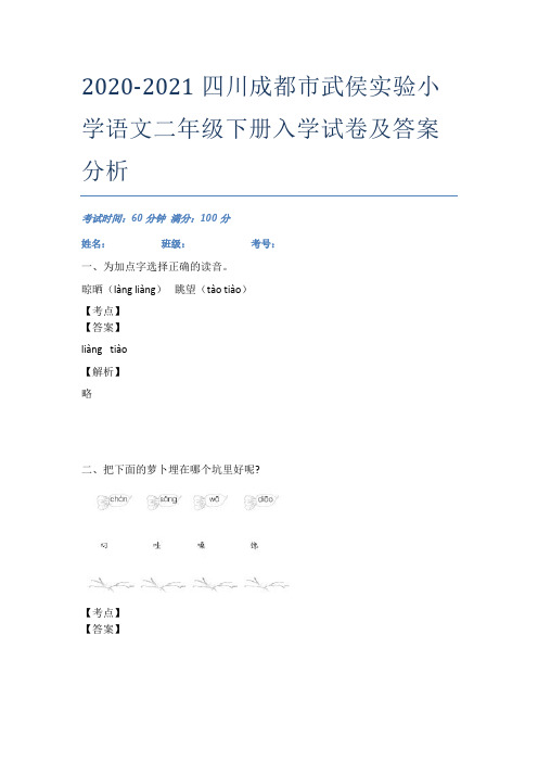 2020-2021四川成都市武侯实验小学语文二年级下册入学试卷及答案分析