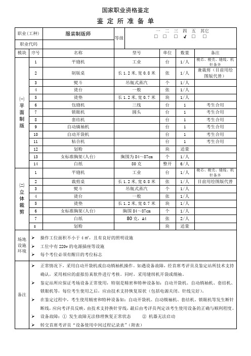 服装制版师_四级_鉴定所准备单