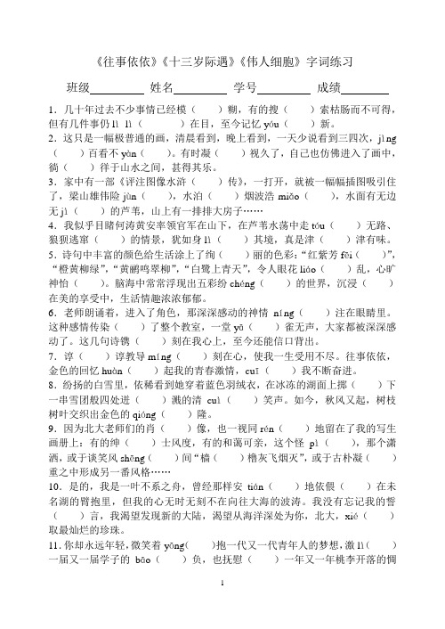 第二单元《往事依依》《十三岁际遇》《伟人细胞》字词练习字词