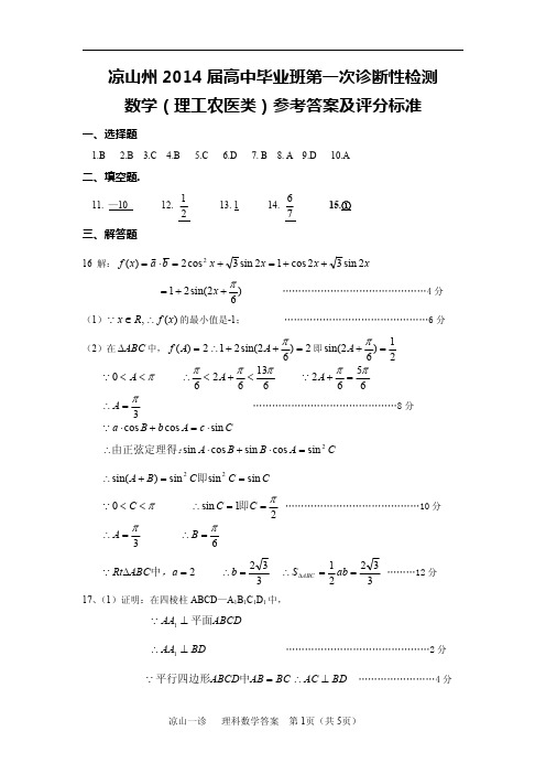 四川凉山州2014届高中毕业班第一次诊断性测试 理科数学答案