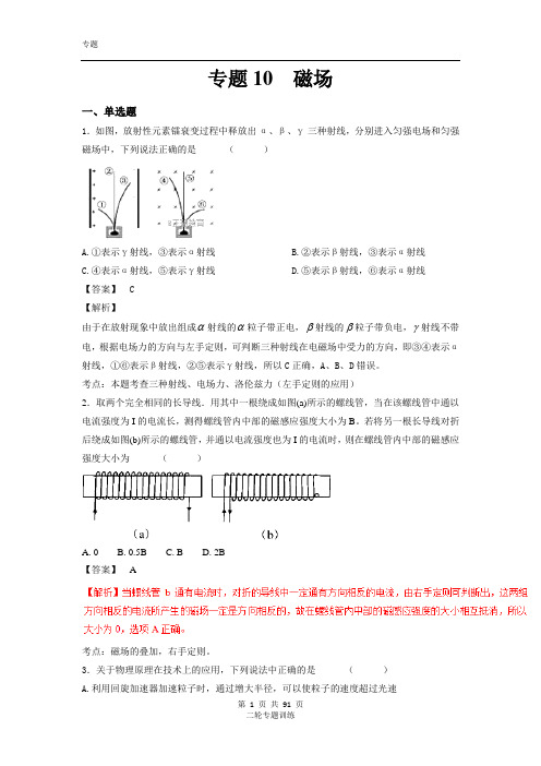 2019年高考物理名校试题精选精练汇编：专题10  磁场(解析版)