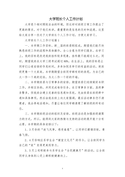 大学班长个人工作计划