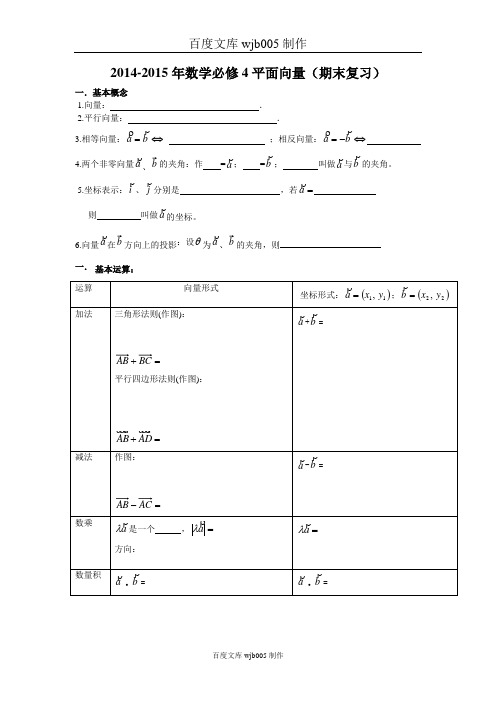 [一键打印]2014年最新整理2014-2015年数学必修4平面向量(期末复习)