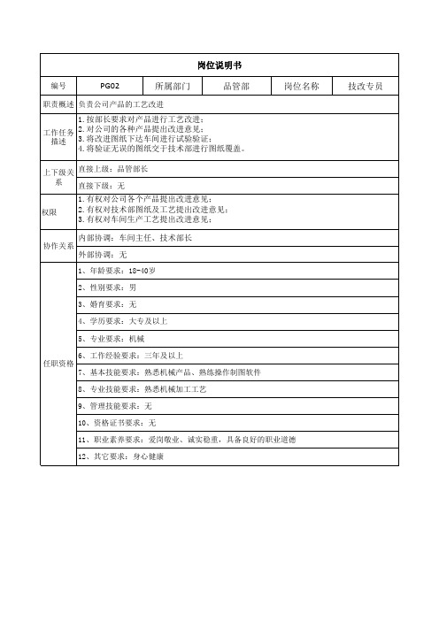 技改专员岗位说明书