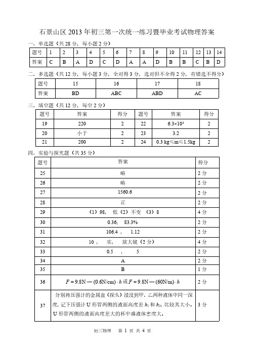 石景山2013年初三物理一模答案定稿