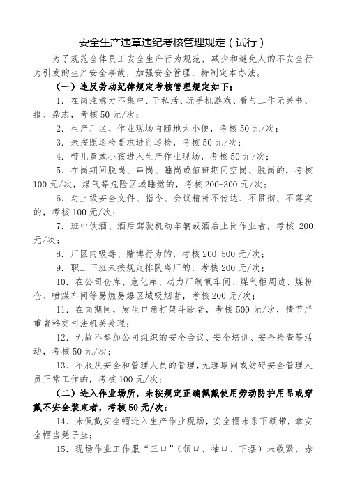 安全生产违章违纪行为考核规定(试行)