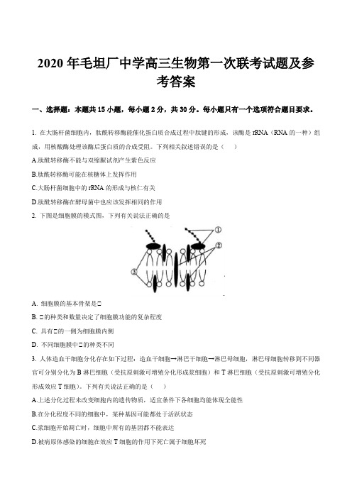 2020年毛坦厂中学高三生物第一次联考试题及参考答案