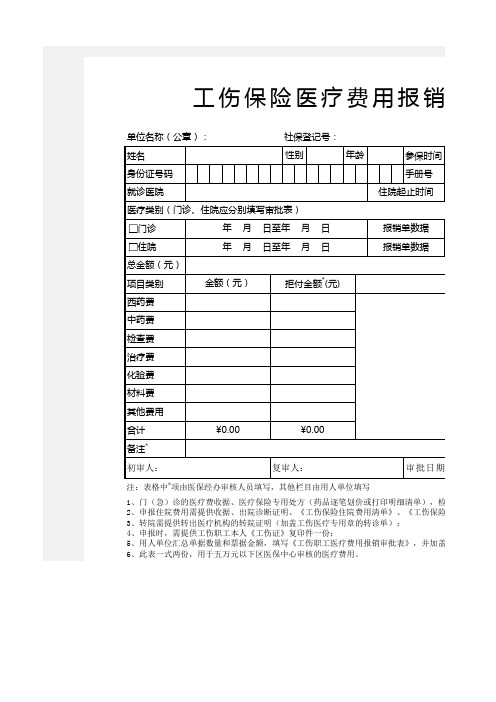 工伤保险医疗费用报销申报表