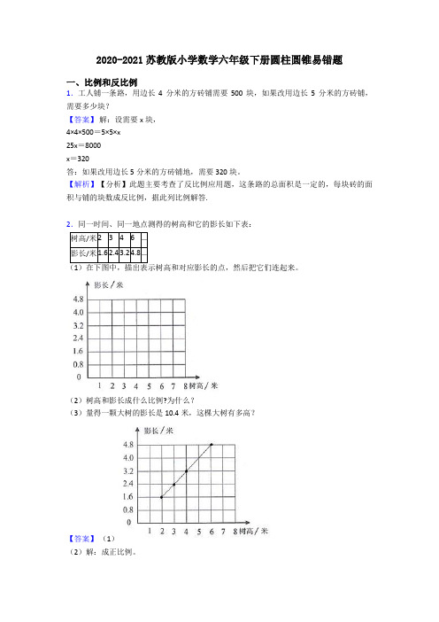 2020-2021苏教版小学数学六年级下册圆柱圆锥易错题