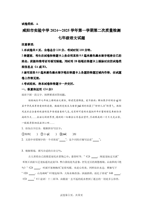 陕西省咸阳市实验中学2024-2025学年七年级上学期第二次月考语文试题[含答案]