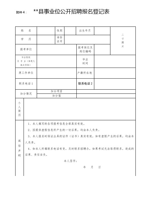 XX县事业位公开招聘报名登记表【模板】