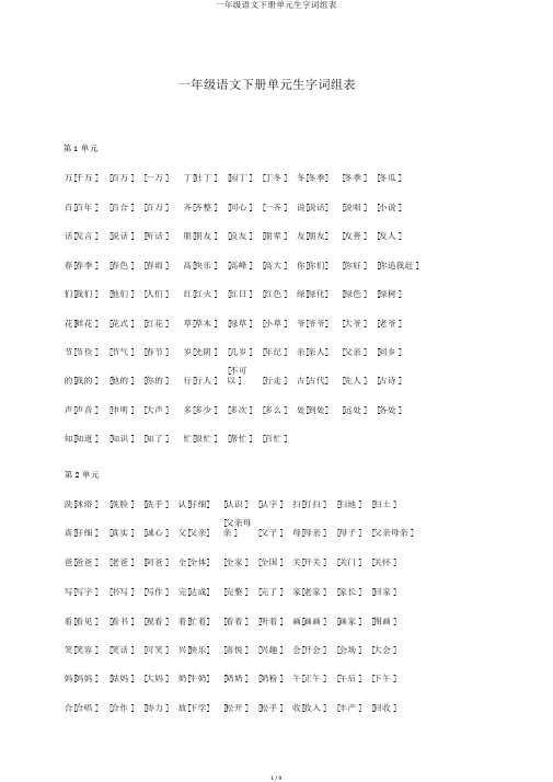 一年级语文下册单元生字词组表