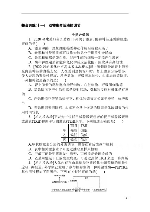 2021新高考版生物二轮专题复习整合训练(十一) 动物生命活动的调节 含解析