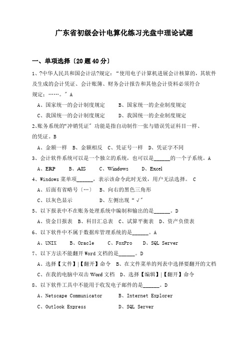 广东省初级会计电算化练习光盘中理论试题