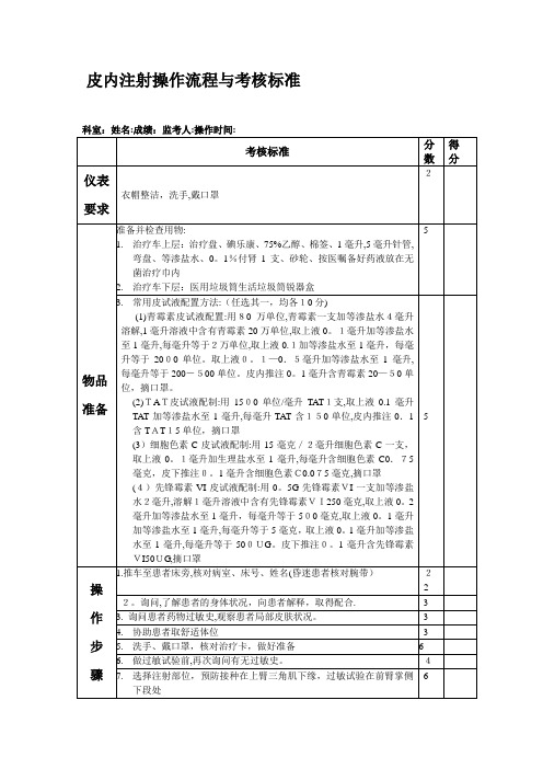 皮内注射操作流程与考核标准