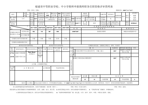 福建省中等职业学校、中小学教师申报教师职务任职资格评审简明表