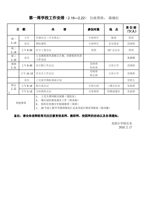 第一周学校工作安排218—222行政带班陈晓红