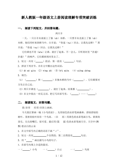 新人教版一年级语文上册阅读理解专项突破训练