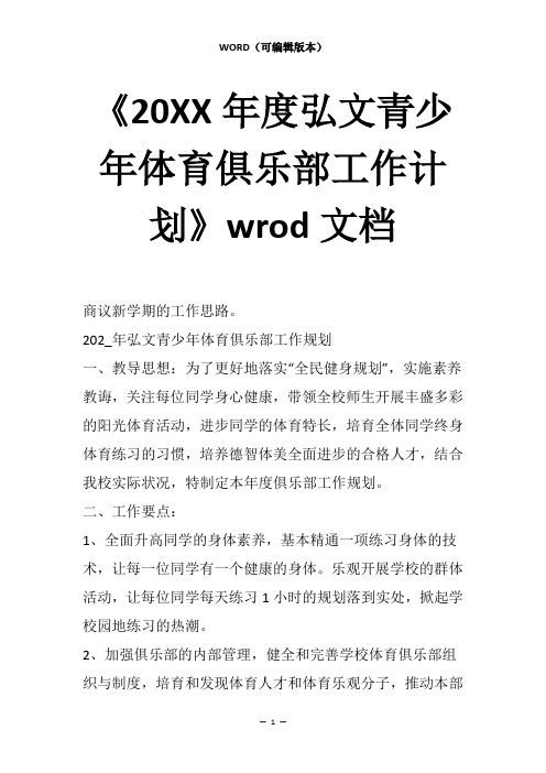 《20XX年度弘文青少年体育俱乐部工作计划》wrod文档