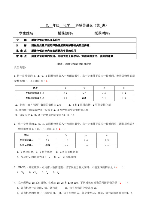 初三化学质量守恒定律以及其应用