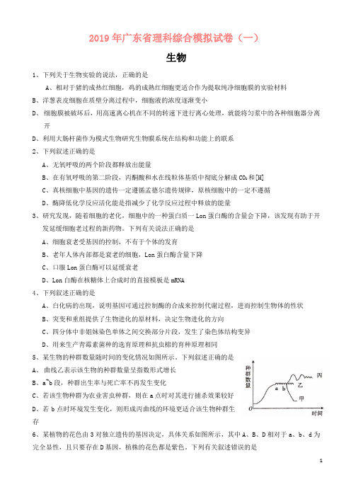 广东省2019年高三理科综合模拟(一)理综生物试卷(含答案)