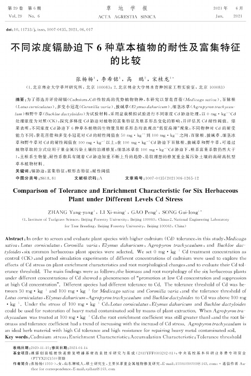 不同浓度镉胁迫下6种草本植物的耐性及富集特征的比较