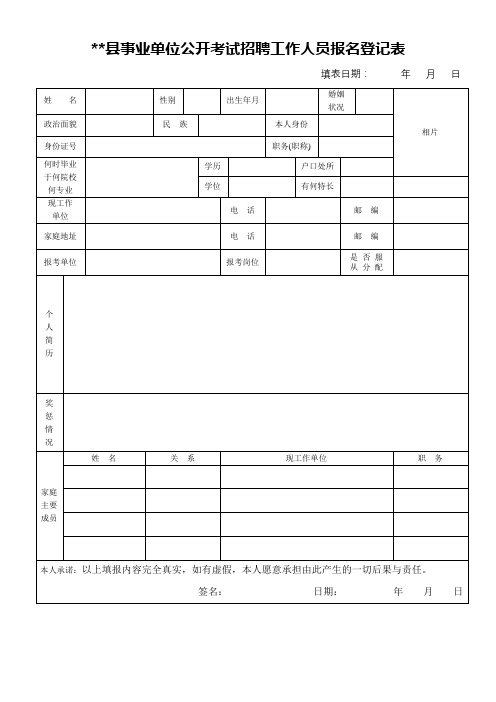 XX县事业单位公开考试招聘工作人员报名登记表【模板】