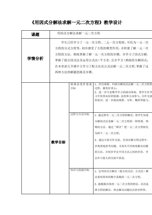 初中数学_用因式分解法求解一元二次方程教学设计学情分析教材分析课后反思