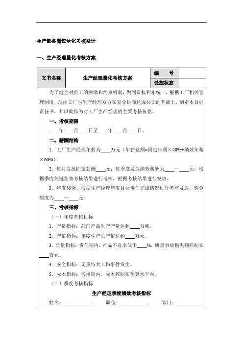 生产部岗位量化考核方案：生产经理、车间主任、班组长、设备主管