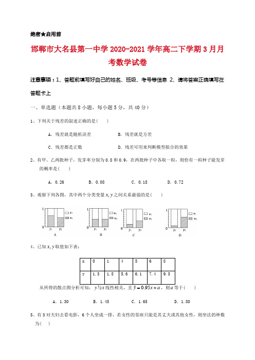 2020-2021学年河北省邯郸市大名县第一中学高二下学期3月月考数学试题