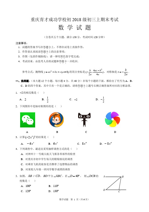 重庆育才中学初2017级初三上期末考试试试题卷(无答案)