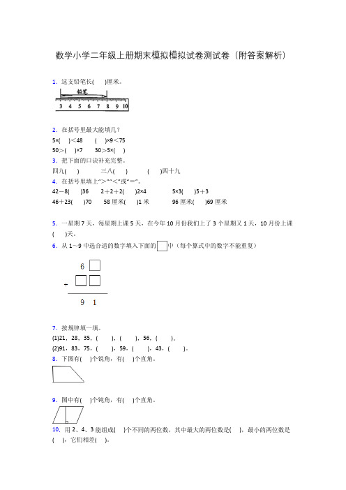 数学小学二年级上册期末模拟模拟试卷测试卷(附答案解析)