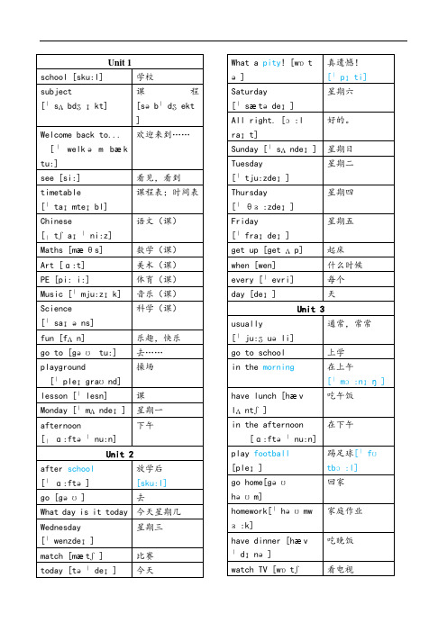 译林版小学英语四年级下册单词表(带音标)