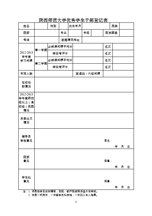 陕西师范大学优秀学生干部登记表