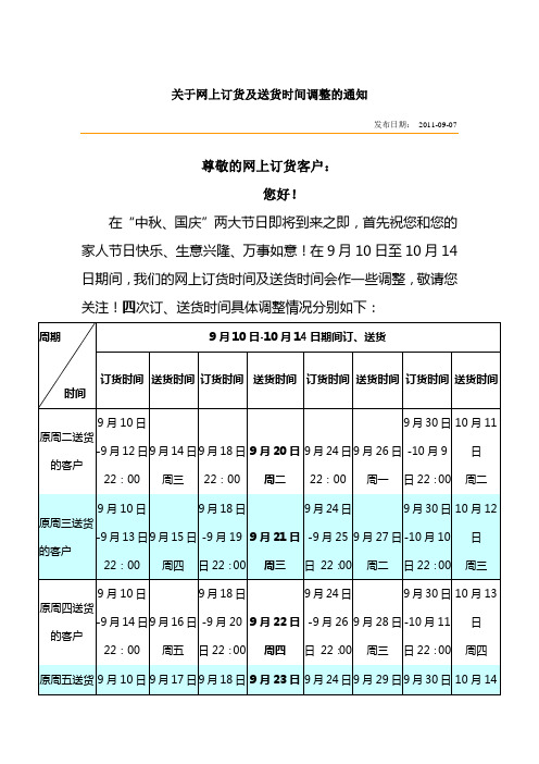 关于网上订货及送货时间调整的通知