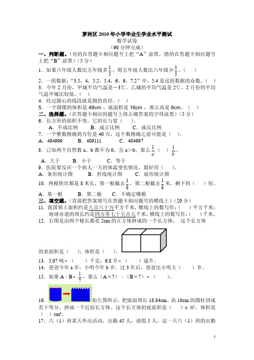 2010年小学毕业考试数学试题