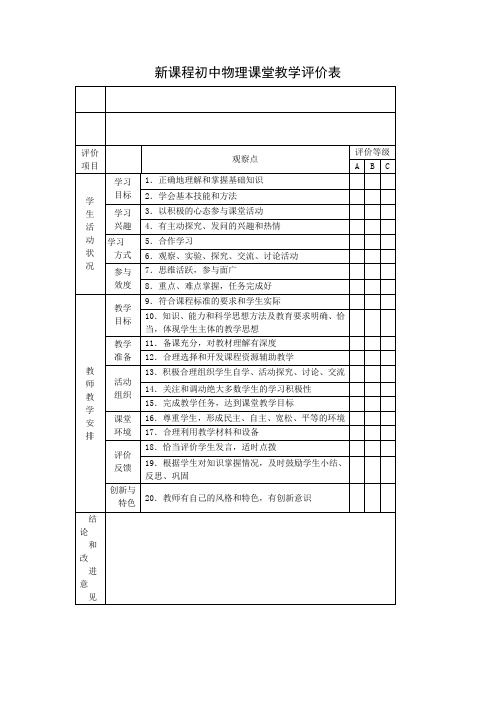 新课程初中物理课堂教学评价表