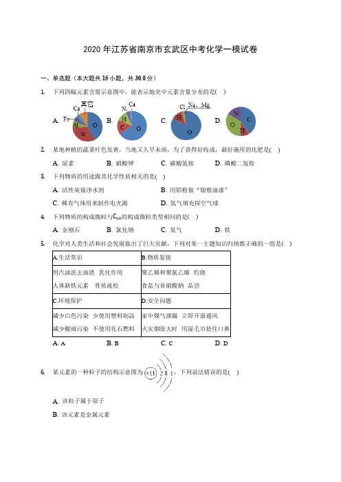 2020年江苏省南京市玄武区中考化学一模试卷(含答案解析)