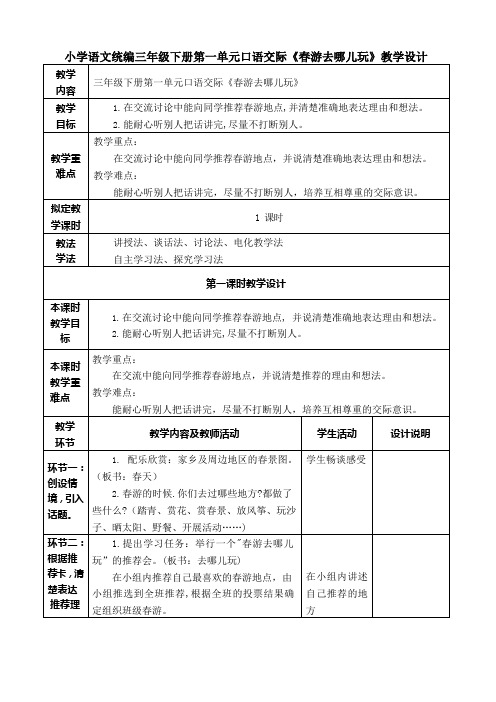 小学语文统编三年级下册第一单元口语交际《春游去哪儿玩》教学设计