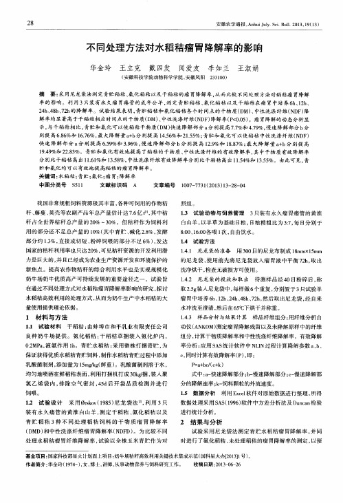 不同处理方法对水稻秸瘤胃降解率的影响