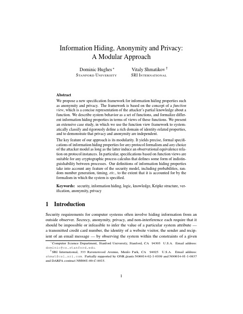 Information hiding, anonymity and privacy a modular approach