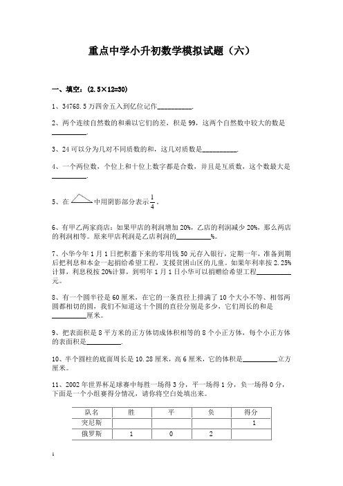 重点中学小升初数学模拟试题(六)及参考答案2013