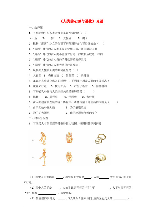 八年级生物下册 第21章 第3节 人类的起源与进化习题1(无答案) 北师大版