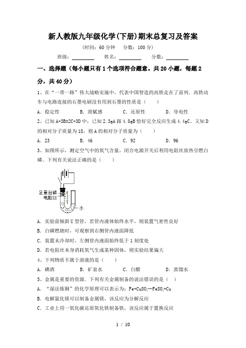 新人教版九年级化学(下册)期末总复习及答案