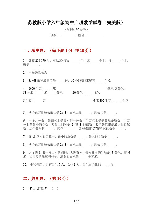 苏教版小学六年级期中上册数学试卷(完美版)