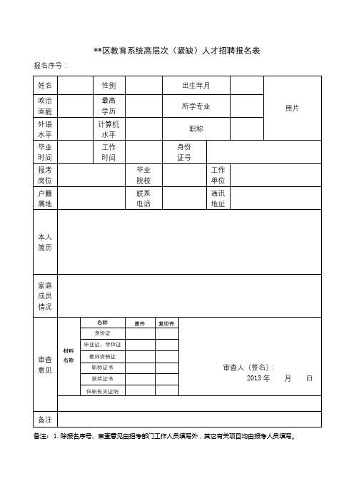 XX区教育系统高层次(紧缺)人才招聘报名表【模板】